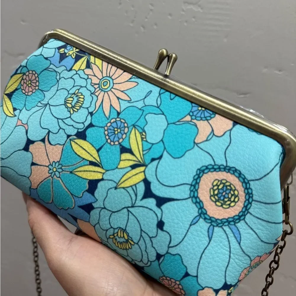 Floral Print Handmade Cowhide Kisslock Clutch/Wristlet/Phone Pouch/Crossbody